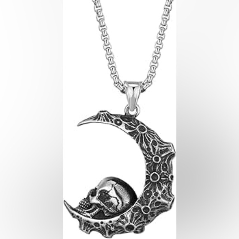 Earthbound Trading Cratered Crescent Moon w/ Skull Stainless Steel Necklace